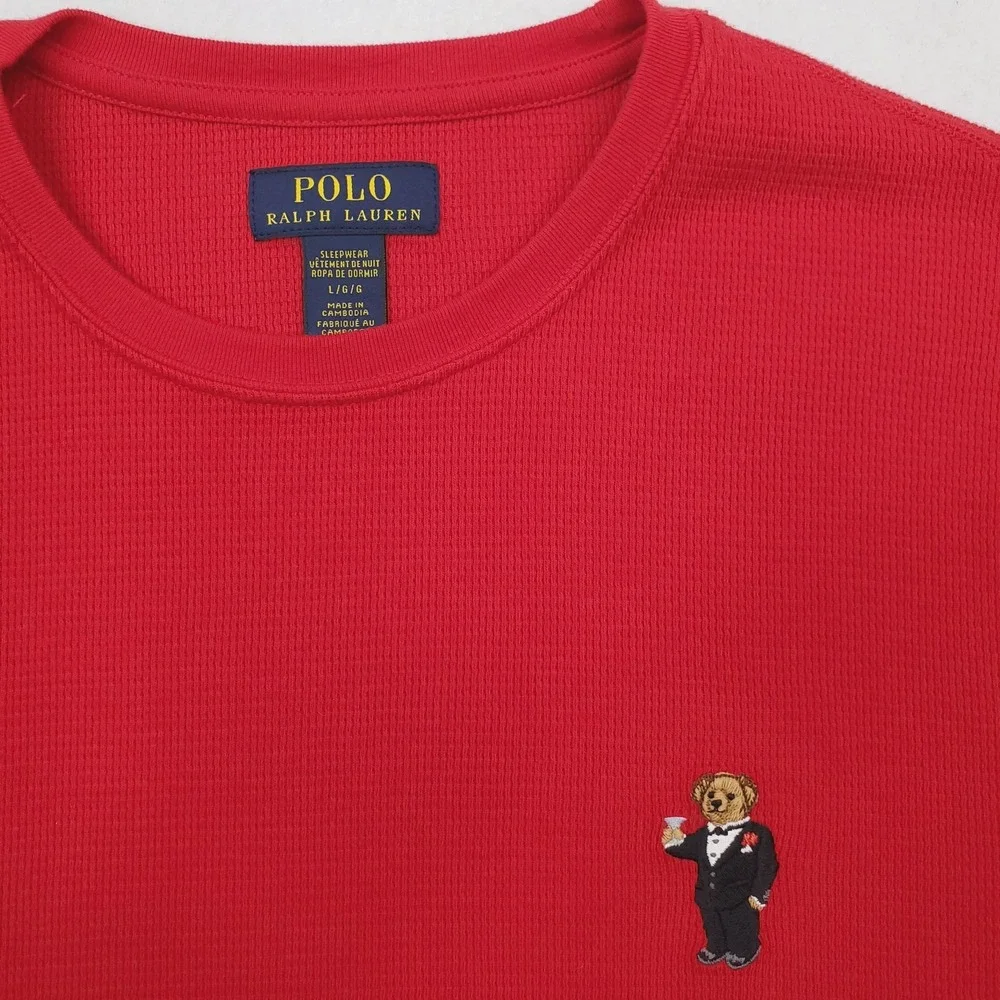 Polo Ralph Lauren Pajama Top Mens Large Red Thermal Waffle Knit Polo Bear Sleep